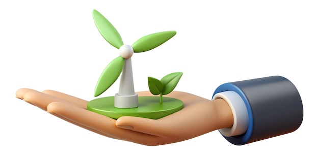 3d Flat icon as Hand holding a cut leaf with a wind farm in the background concept as A hand holding