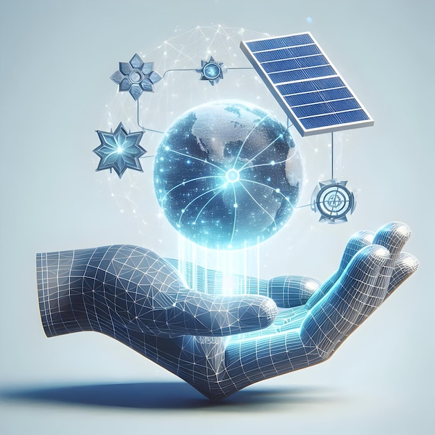 Photo 3d flat icon as hand with holographic energy grid and solar panel concept as a photo featuring a han