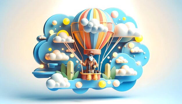 3d Flat icon as Hot Air Balloonist with Hat and Binoculars in Fantasy Sky concept as Long shot of a