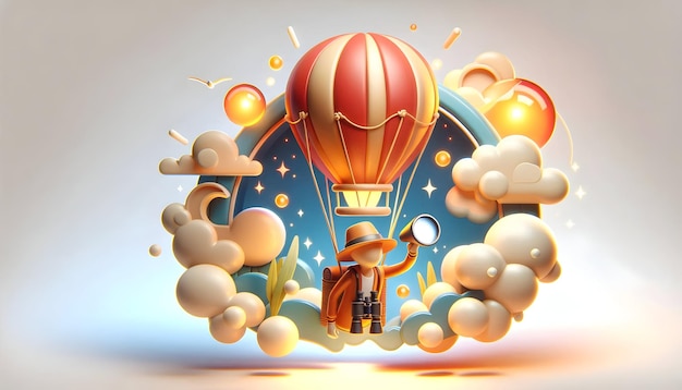 3d Flat icon as Hot Air Balloonist with Hat and Binoculars in Fantasy Sky concept as Long shot of a