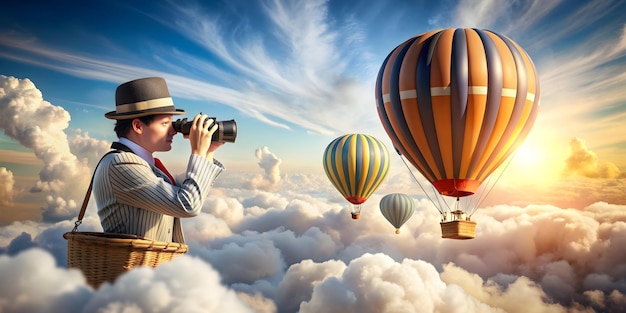 3d Flat icon as Hot Air Balloonist with Hat and Binoculars in Fantasy Sky concept as Long shot of a