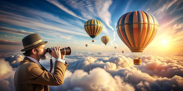 3d Flat icon as Hot Air Balloonist with Hat and Binoculars in Fantasy Sky concept as Long shot of a