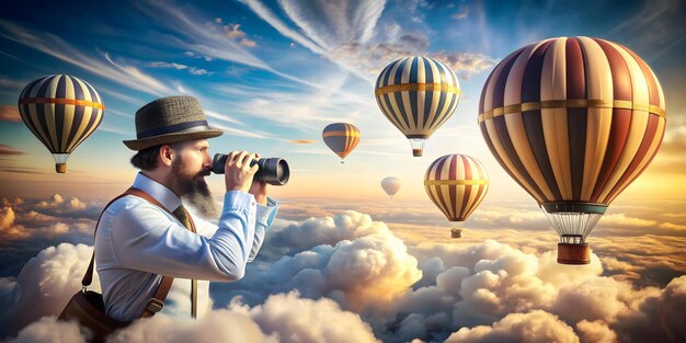 3d Flat icon as Hot Air Balloonist with Hat and Binoculars in Fantasy Sky concept as Long shot of a