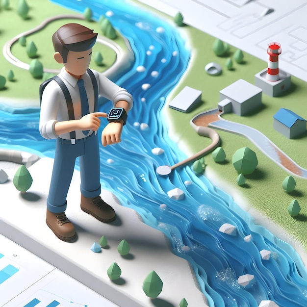 3d Flat icon as Hydrologist with Smartwatch and Flood Monitoring in River Basin concept as Mid shot