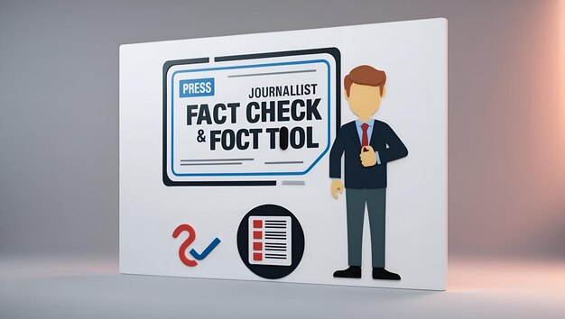 3d Flat icon as Journalist with Press Pass and Fact Check Tool concept as An image of a journalist w