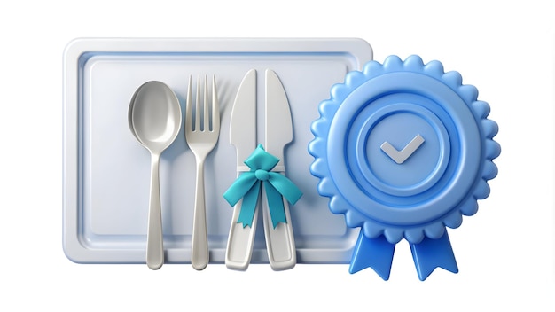 Photo 3d flat icon as sanitized utensils with certificate and seal concept as sanitized utensils with a ce