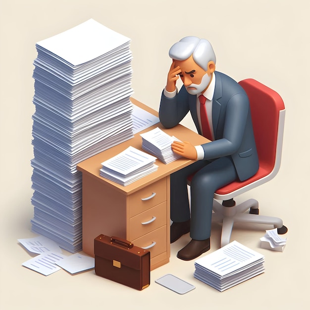 3d Flat icon as Senior executive looking at a large stack of paperwork appearing overwhelmed concept