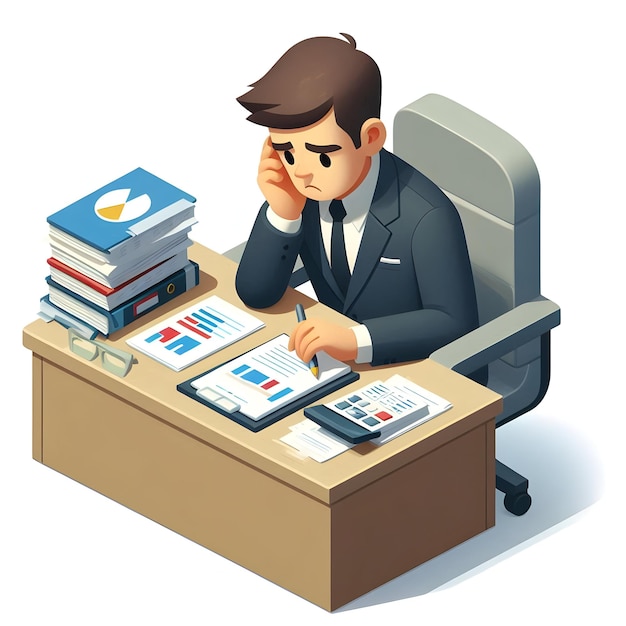 3d Flat icon as Senior manager sitting at his desk looking at financial reports with a worried expre