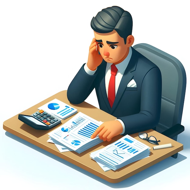 3d Flat icon as Senior manager sitting at his desk looking at financial reports with a worried expre