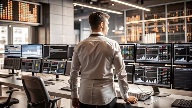 Photo 3d flat icon as stock trader with monitors and trading software in futuristic trading floor concept