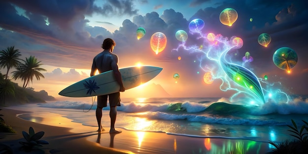 3d Flat icon as Surfer with Surfboard and Necklace on Mystical Beach concept as Mid shot of a surfer