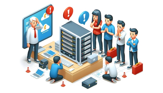 Photo 3d flat icon as team of developers looking at a crashed server appearing stressed and disappointed c