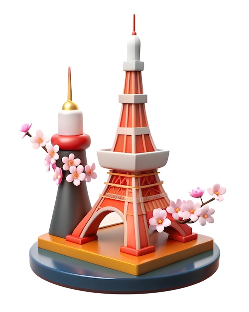 Photo 3d flat icon as tokyo tower and cherry blossoms concept as tokyo tower with cherry blossoms and ampl