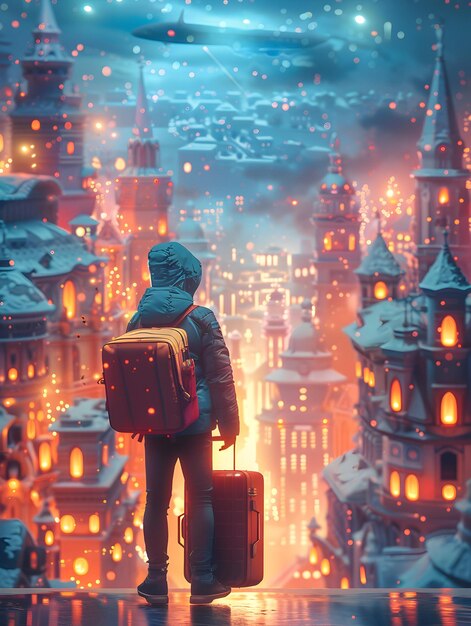 Photo 3d flat icon as traveler with suitcase and passport in fantasy cityscape mid shot of traveler in v