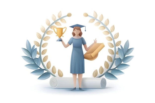 Photo 3d flat icon as woman with a diploma and a laurel wreath representing academic success with ample sp