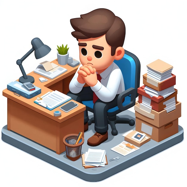 3d Flat icon as Young entrepreneur sitting in a small office looking defeated concept as A young ent