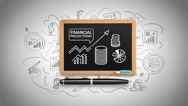 Photo 3d flat icon blackboard with financial projections and pen on whimsical background financial anal