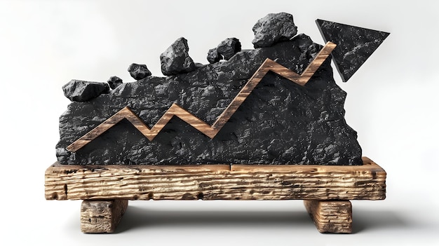 3D Flat Icon Blackboard with Iron Ore and Upward Arrow Symbolizing Rise in Commodity Value Dreamy