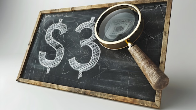 Photo 3d flat icon blackboard with magnifying glass and dollar sign on dreamy background financial anal