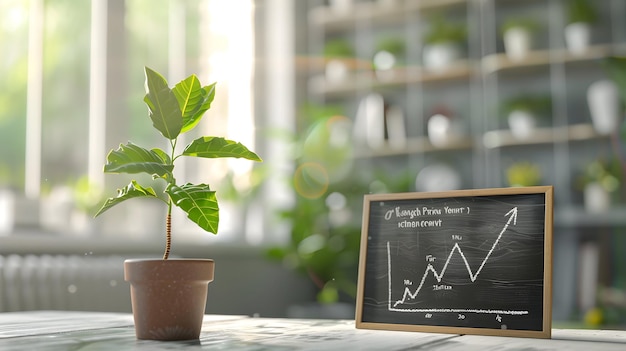 Photo 3d flat icon blackboard with rubber tree and rising line symbolizing increase in rubber commodity