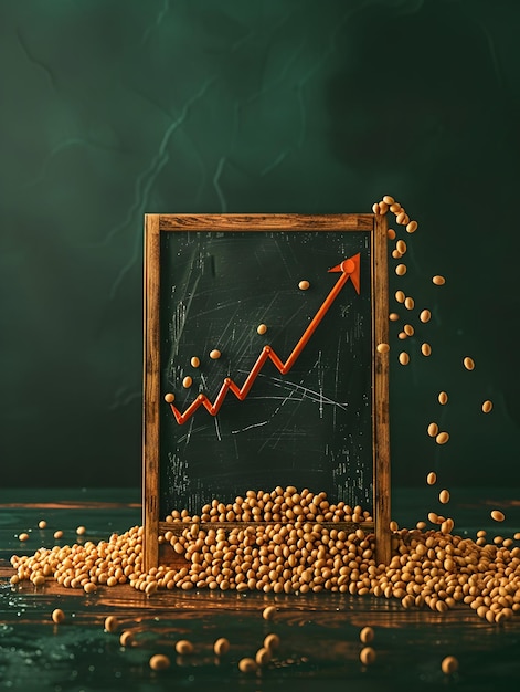 Photo 3d flat icon blackboard with soybeans and downward arrow symbolizing decline in commodity value dr