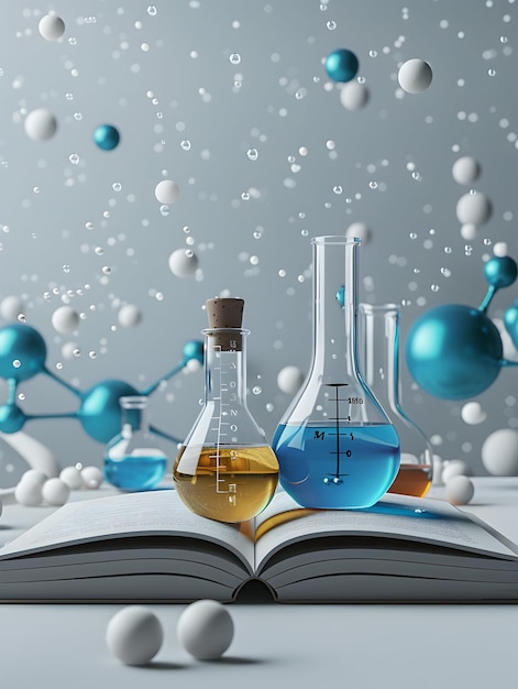 3D Flat Icon of Book and Chemistry Set against Dreamy Background for Scientific Experiments and Lear