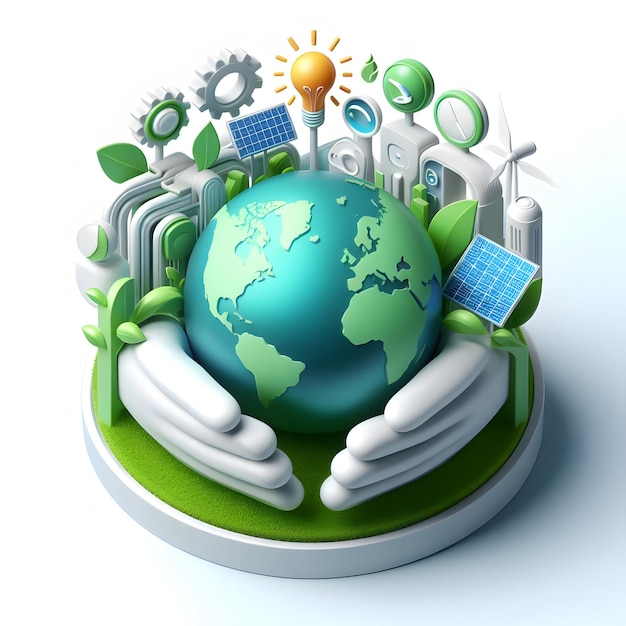 3D flat icon for business as Earth embraced by green energy fields in Zero Carbon with Globe Innovat