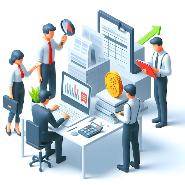 A 3d flat icon of business and financial concept Office workers conducting accounting and taxation p