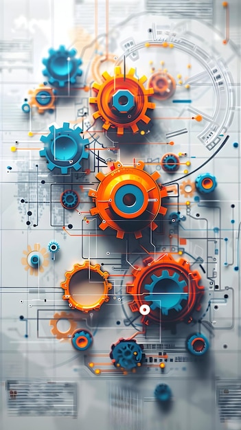 3D Flat Icon of Business Workflow with Gears and Digital Tools Overlay for Streamlined Innovation