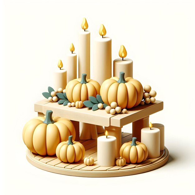 3D Flat Icon Candles and Gourds Centerpiece on Table with Copy Space for Thanksgiving Ambiance