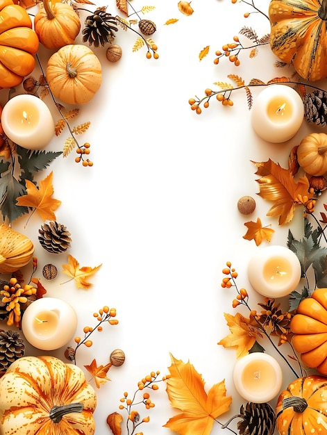 3D Flat Icon Festive Border Frame with Candles and Gourds for Thanksgiving Decoration Concept