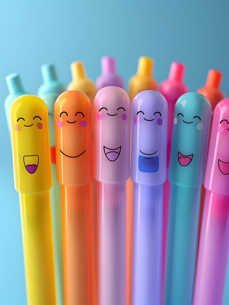 3D Flat Icon Group of People with Glowing Pens and Joyful Faces on Dreamy Background for Productive