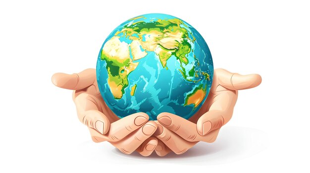 3D Flat Icon of Hands Holding Globe Symbolizing Global Team Challenges with Space for Text Collabo