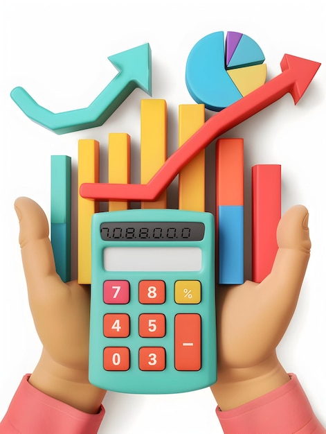 3D Flat Icon Human Hands Holding Graph with Rising Trends and Calculator for Business Analysis with