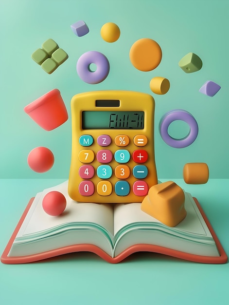 Photo 3d flat icon illustration of book and calculator educational concept with whimsical background amp