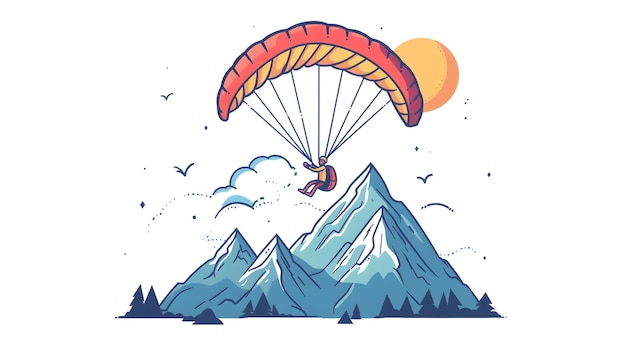 3D Flat Icon of Individual in Paragliding Adventure Travel with Mountain View and Harness Overlay Sy