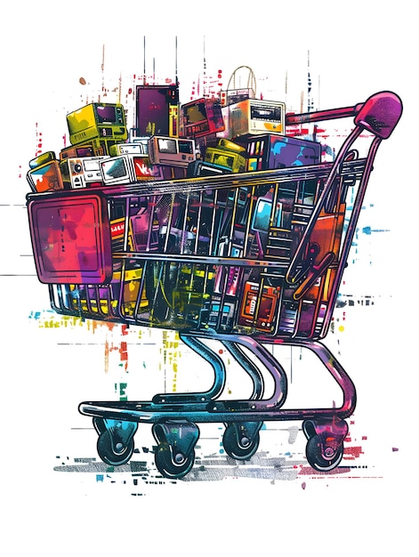 3D Flat Icon of Individual with Electronics Store Gadgets and Shopping Cart Overlay Symbolizing Amer