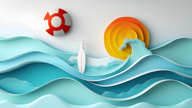 3D Flat Icon of Individual with Surfboard Waves and Beach Ball for Fun Beach Activities on Vacation