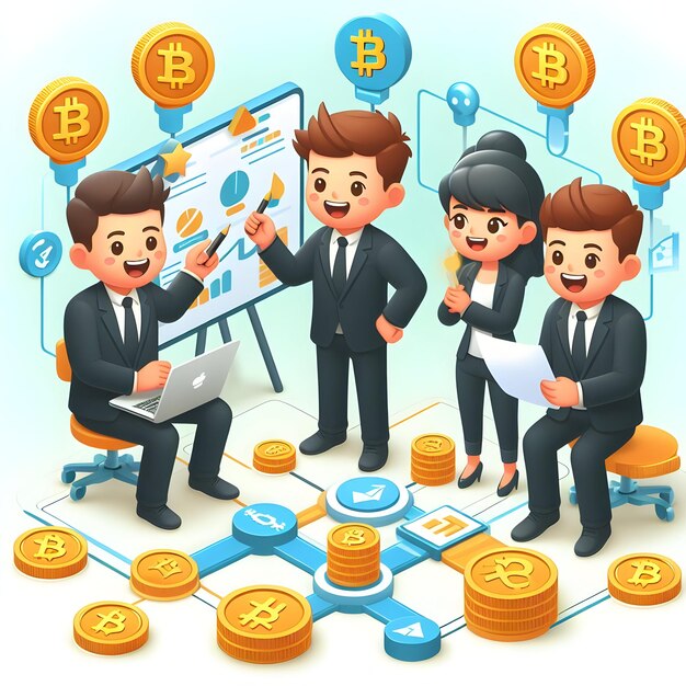 A 3d flat icon investor Crytocurrency concept happy Business professionals attending a seminar on cr