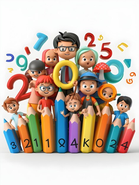 3D Flat Icon Kids with Pencils and Floating Numbers Back to School Concept for Math Learning with Sp