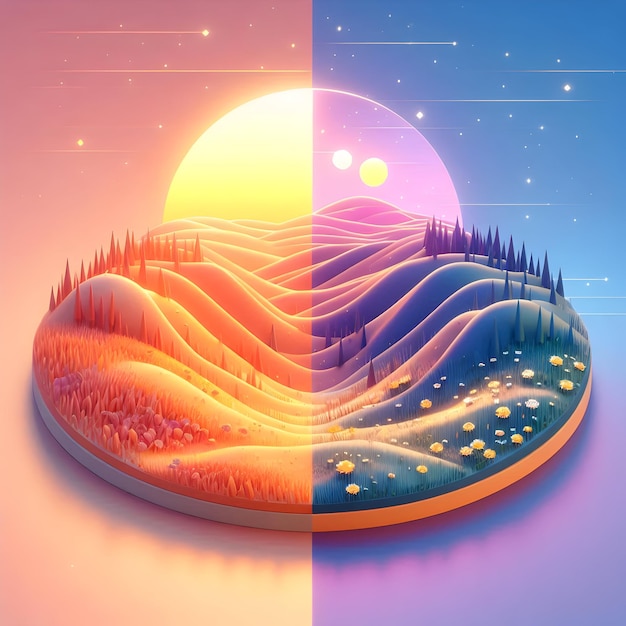 Photo 3d flat icon morning and evening hillside timelapse view against dreamy background with ample spac