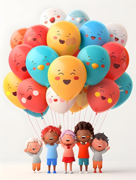 3D Flat Icon People Floating Balloons Smiling Faces Joyful Friendly Atmosphere White Background