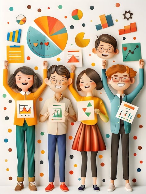 3D Flat Icon People Floating Performance Charts Joyful Faces for Seamless Employee Evaluation