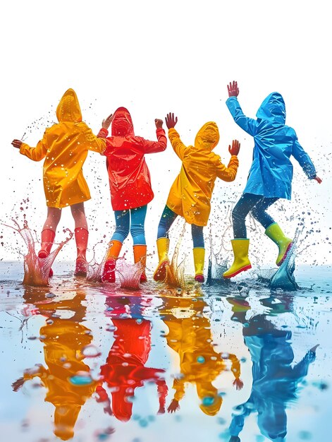 Photo 3d flat icon of people in rain boots splashing through puddles with dreamy background fun and play