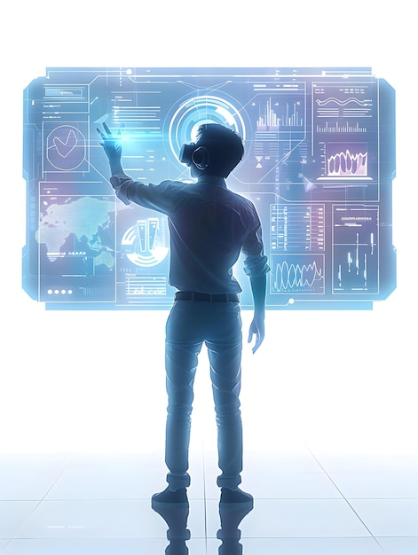 3D Flat Icon of Person Interacting with Holographic Interface and Virtual Charts Futuristic Work C