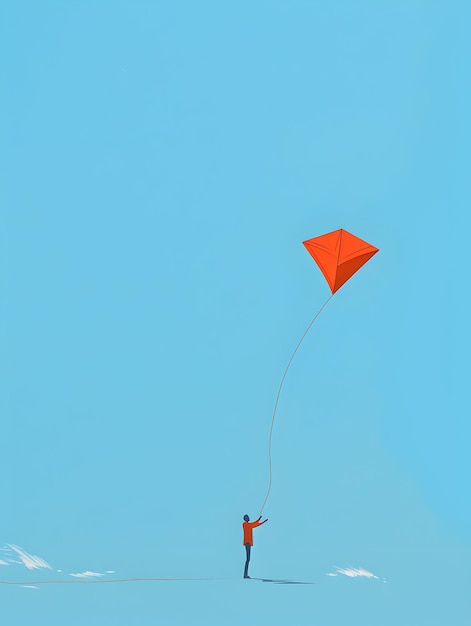 3D Flat Icon Person Jumping with Kite Against Blue Sky Symbolizing Freedom and Exhilaration with C