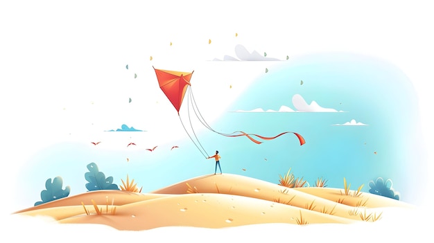 3D Flat Icon of Person with Beach Kite Dunes and Kids Playing Symbolizing Fun Beach Kite Flying on