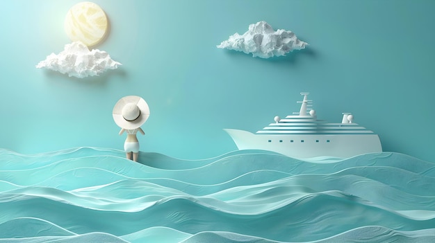 3D Flat Icon Person with Cruise Ship Ocean View and Sun Hat Overlay for Cruise Travel Concept Copy