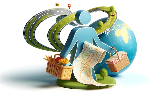 3D Flat Icon of Person with Road Atlas Fields and Picnic Basket Scenic Road Trip Adventure Conce