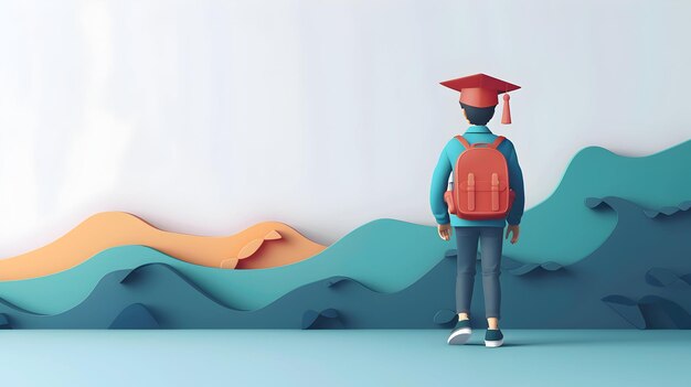 Photo 3d flat icon of student with backpack and graduation cap on whimsical background symbolizing the e